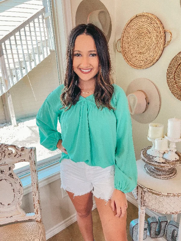 Office Feels Long Sleeve V Neck Babydoll Top in Mint