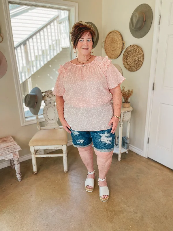 Last Chance Size Small, Medium & 2XL | Blissful Views Dotted Short Sleeve Top with Ruffle Shoulders in Peach Pink