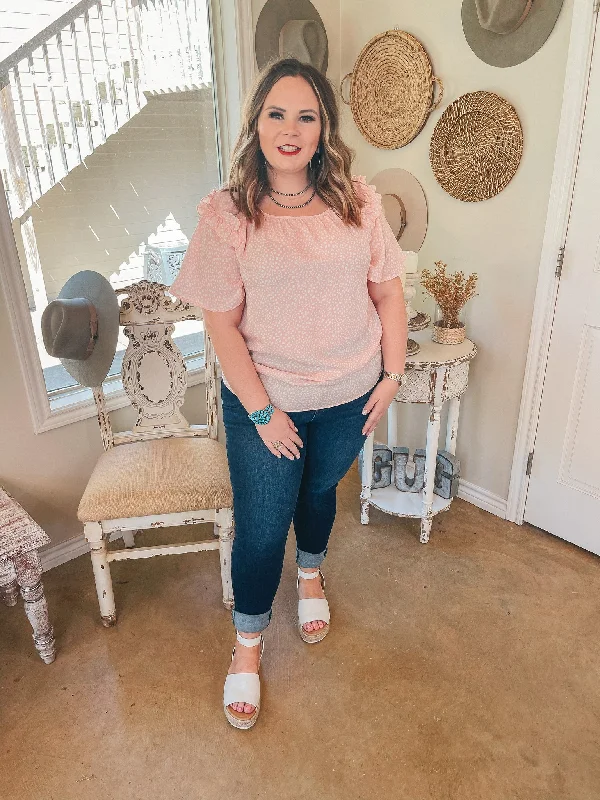 Last Chance Size Small, Medium & 2XL | Blissful Views Dotted Short Sleeve Top with Ruffle Shoulders in Peach Pink