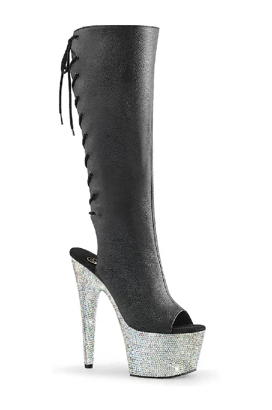 BEJEWELED-2018-7 Black Faux Leather Knee Boot