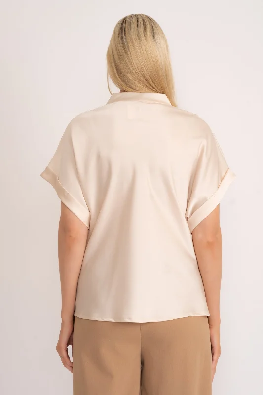 Beige V-Neck Sateen Short Sleeve Top