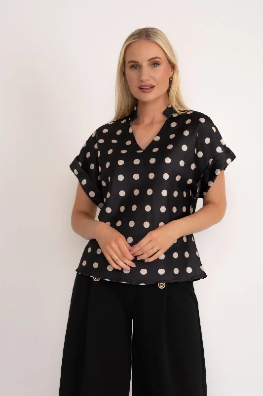 Black Print V-Neck Sateen Top