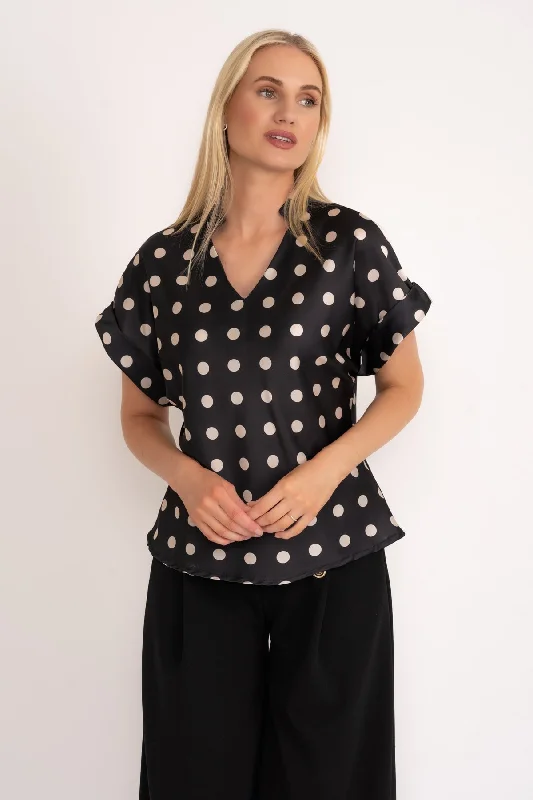 Black Print V-Neck Sateen Top