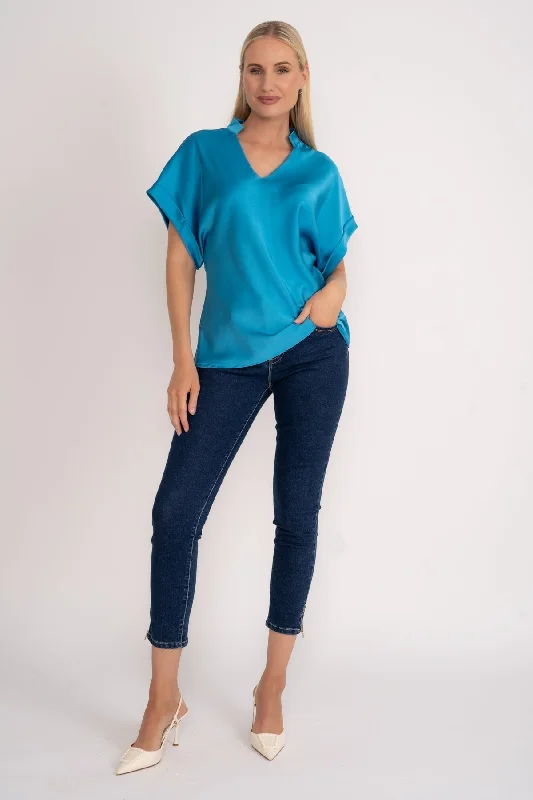 Blue V-Neck Sateen Short Sleeve Top