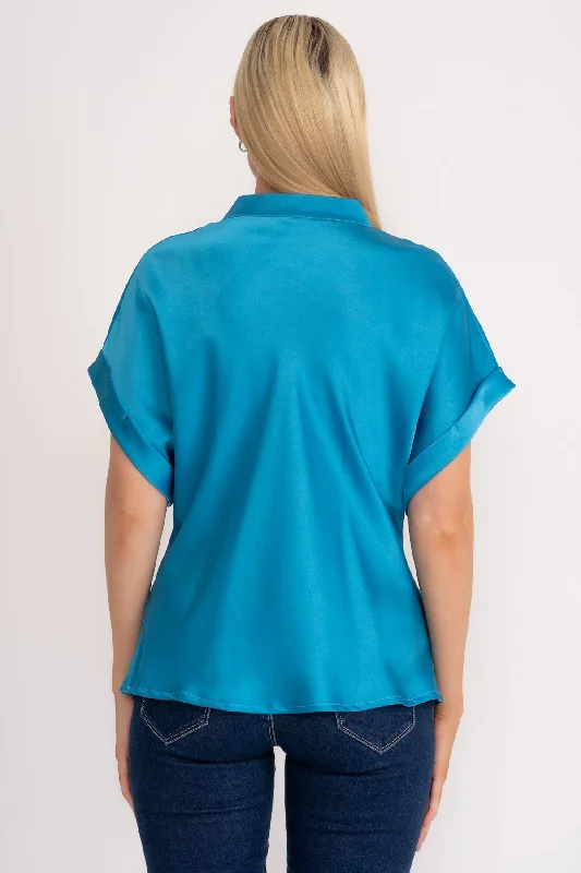 Blue V-Neck Sateen Short Sleeve Top