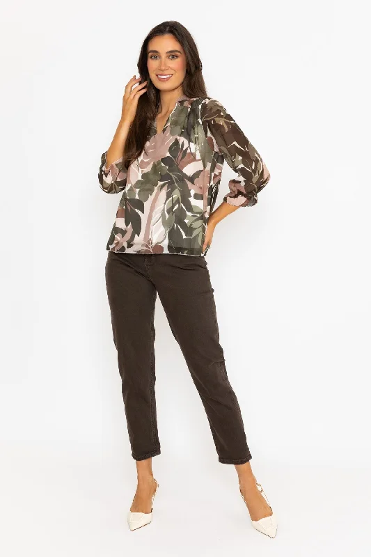 Collarless Blouse in Khaki Print