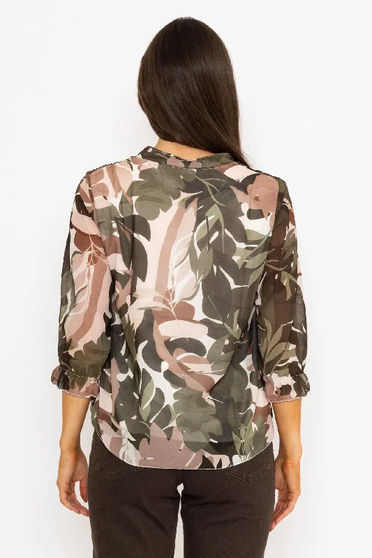 Collarless Blouse in Khaki Print