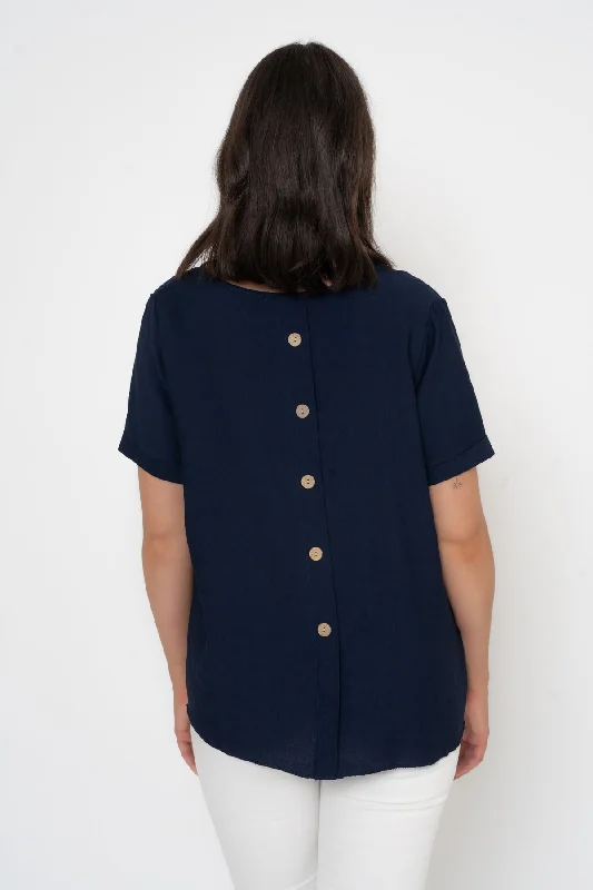 Dark Navy Button Back Linen Like Top