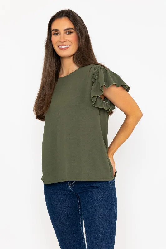 Elastic Detail Sleeve Top in Khaki