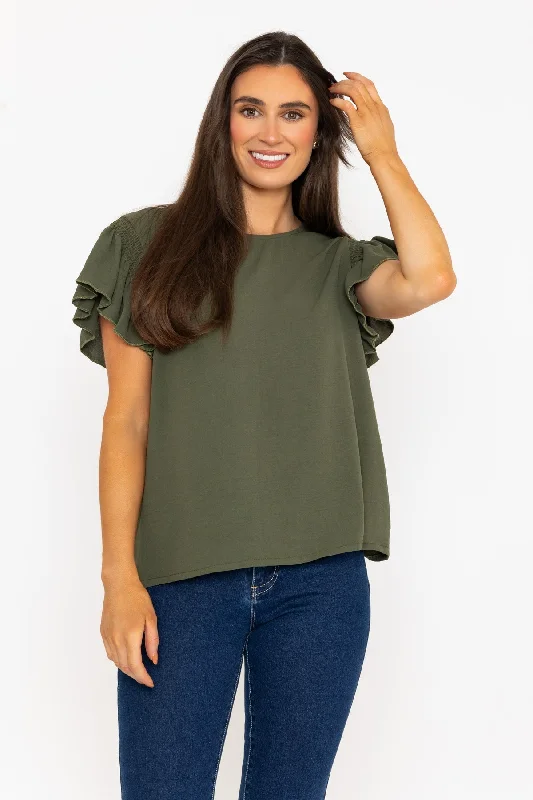 Elastic Detail Sleeve Top in Khaki