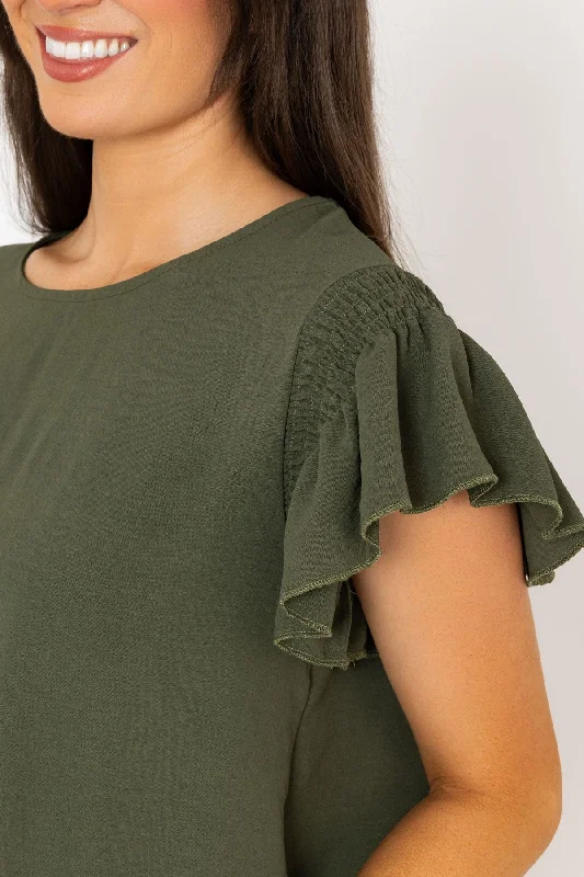 Elastic Detail Sleeve Top in Khaki