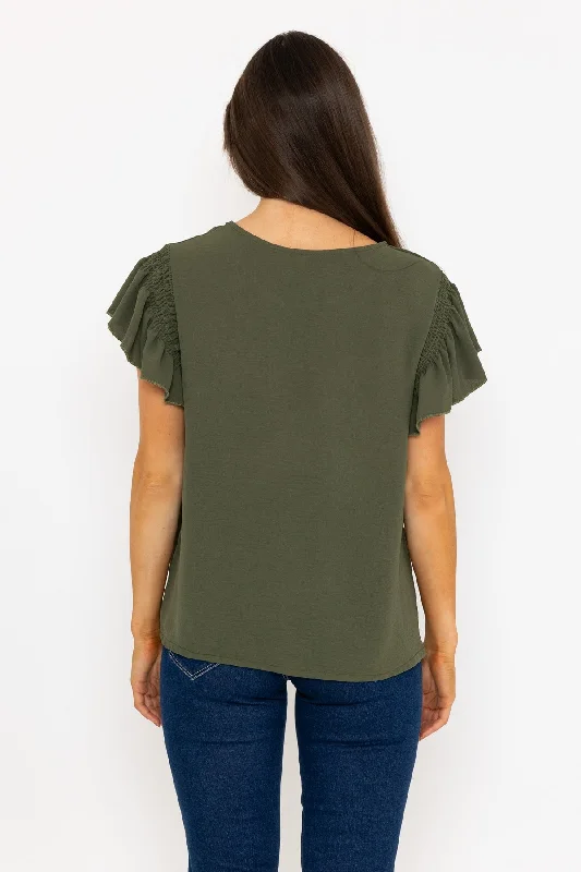 Elastic Detail Sleeve Top in Khaki