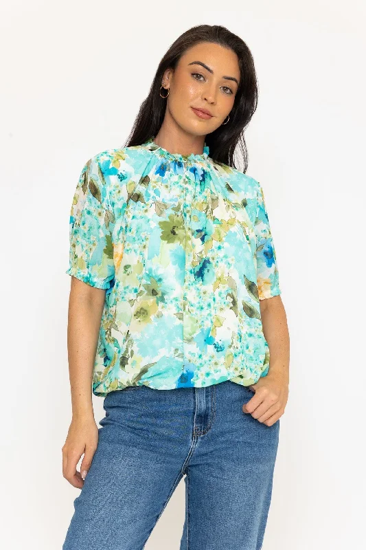 High Neck Short Sleeve Top in Aqua Print