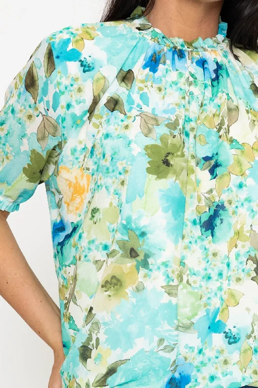 High Neck Short Sleeve Top in Aqua Print