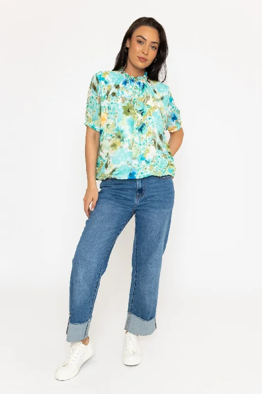 High Neck Short Sleeve Top in Aqua Print