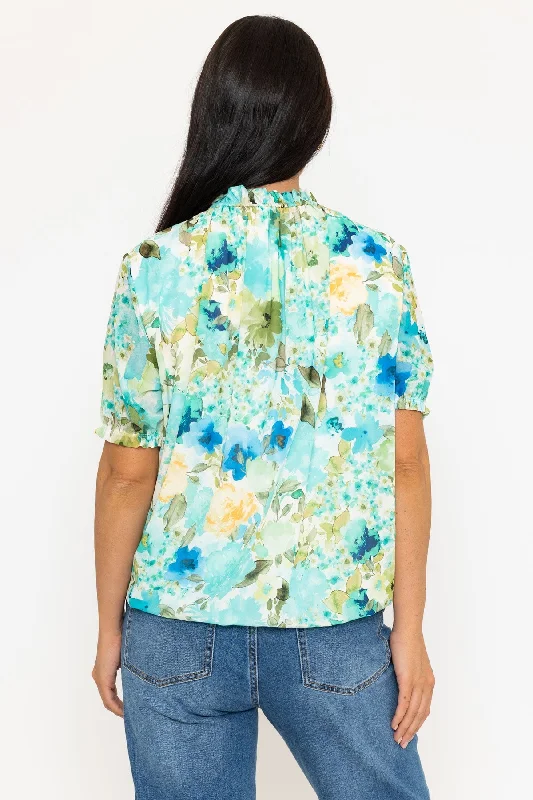 High Neck Short Sleeve Top in Aqua Print