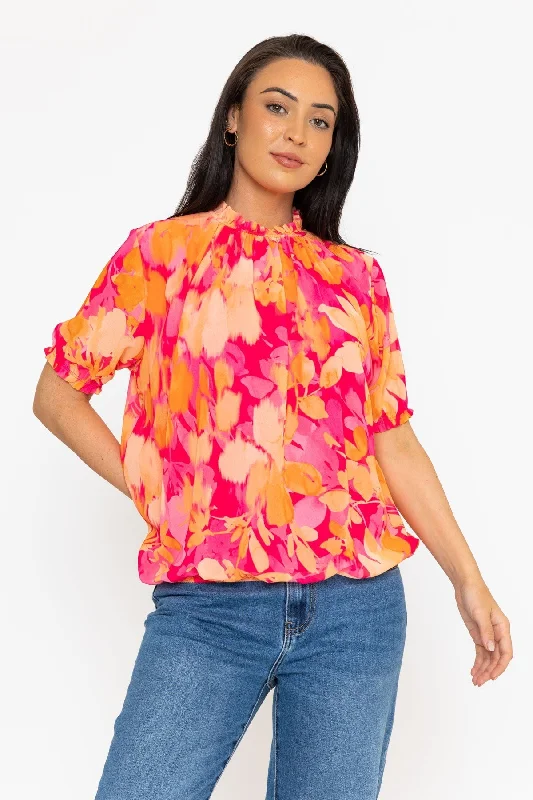 High Neck Short Sleeve Top in Pink Print