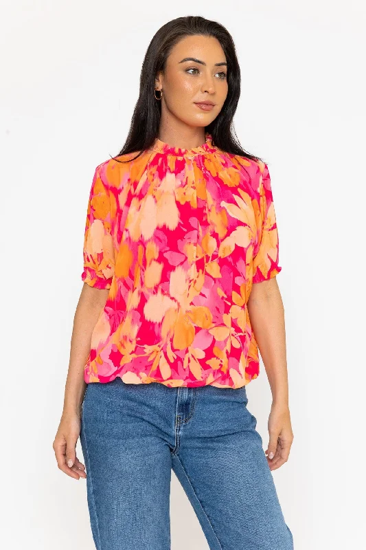 High Neck Short Sleeve Top in Pink Print