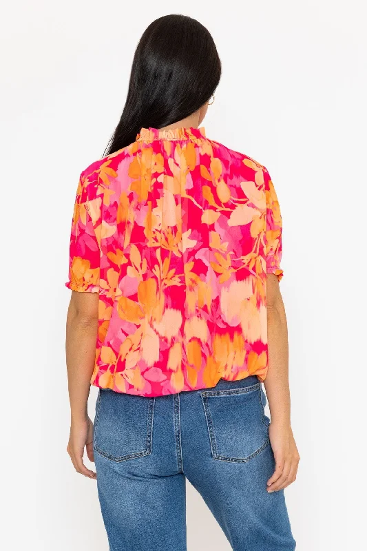 High Neck Short Sleeve Top in Pink Print