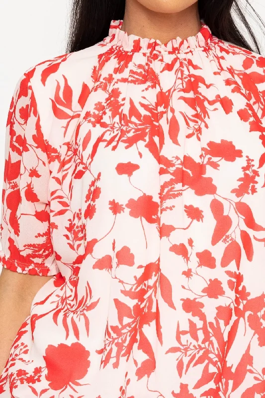 High Neck Short Sleeve Top in Red Print