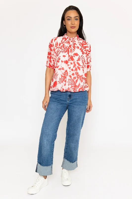 High Neck Short Sleeve Top in Red Print