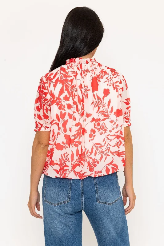 High Neck Short Sleeve Top in Red Print