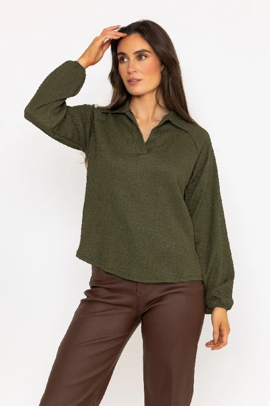 Khaki Textured Long Sleeve Collared Top