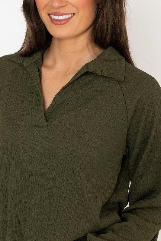 Khaki Textured Long Sleeve Collared Top