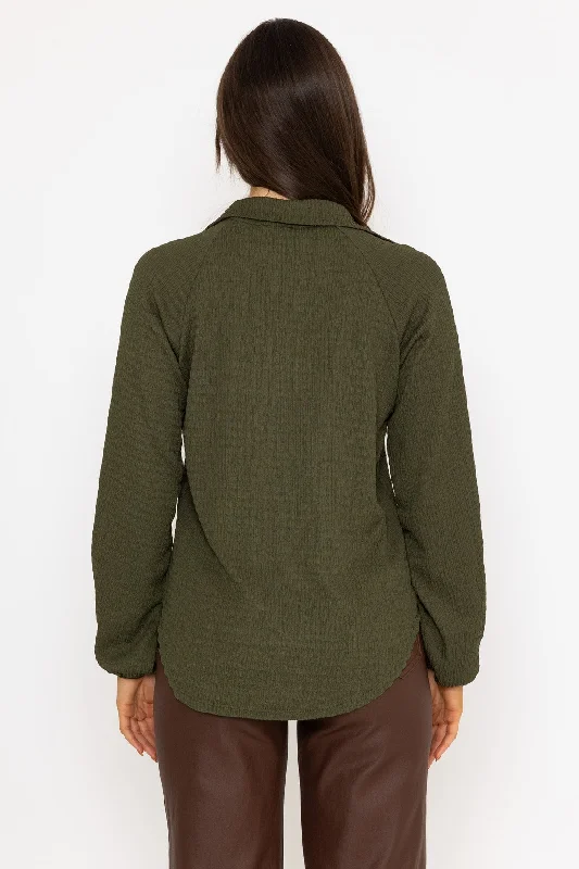 Khaki Textured Long Sleeve Collared Top