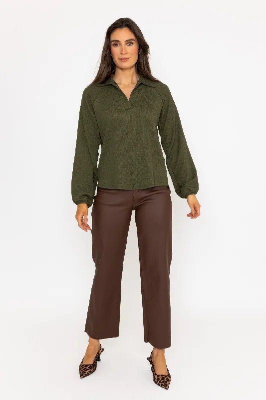 Khaki Textured Long Sleeve Collared Top