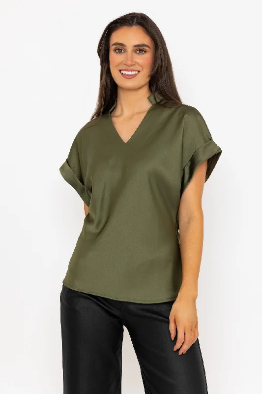 Khaki V-Neck Sateen Short Sleeve Top