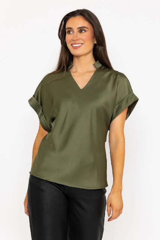 Khaki V-Neck Sateen Short Sleeve Top