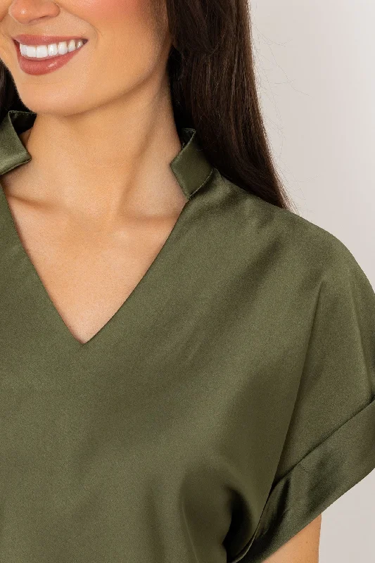 Khaki V-Neck Sateen Short Sleeve Top