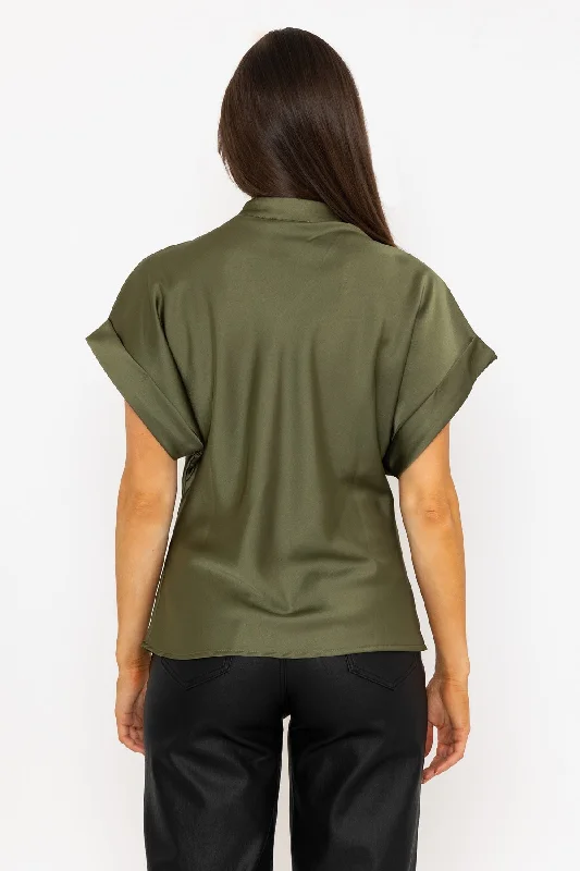 Khaki V-Neck Sateen Short Sleeve Top