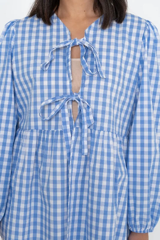 Long Sleeve Blue Gingham Bow Top