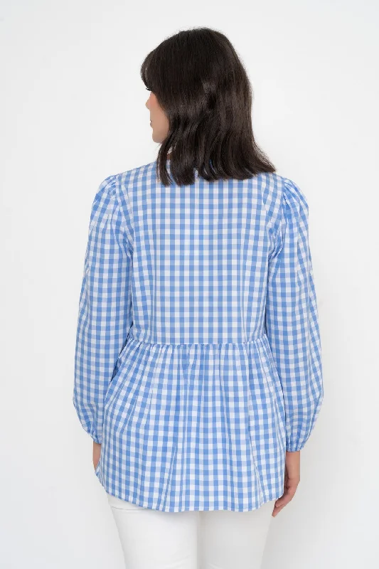 Long Sleeve Blue Gingham Bow Top