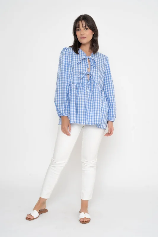 Long Sleeve Blue Gingham Bow Top