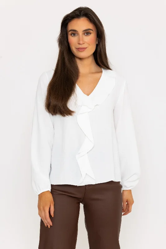 Long Sleeve Ruffle Front Top in Ecru