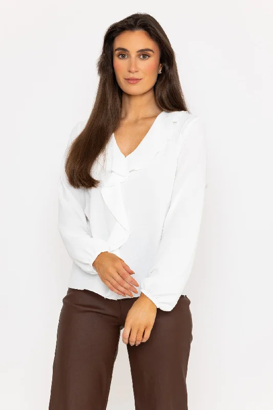 Long Sleeve Ruffle Front Top in Ecru