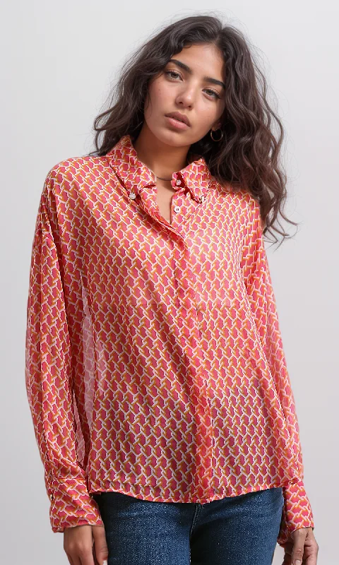 O197601 Relaxed Fit Long Sleeves Chiffon Fushia & Gold Shirt