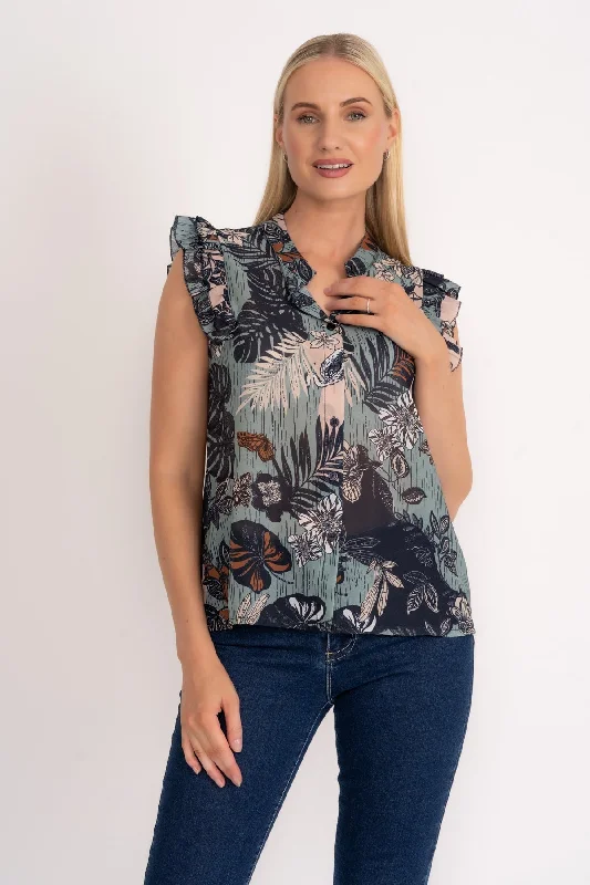 Ruffle Cap Sleeve Blouse in Navy Print