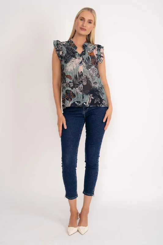 Ruffle Cap Sleeve Blouse in Navy Print