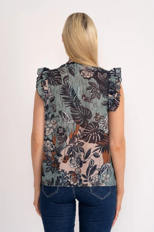 Ruffle Cap Sleeve Blouse in Navy Print