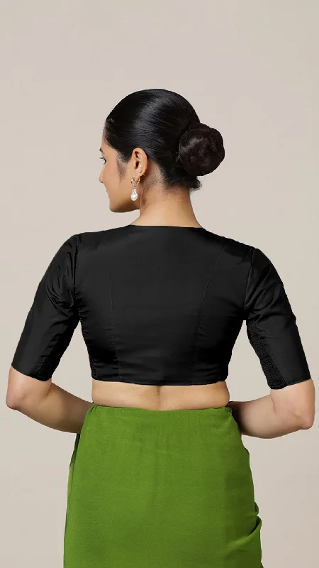 Begum x Rozaana | Elbow Sleeves Saree Blouse in Charcoal Black