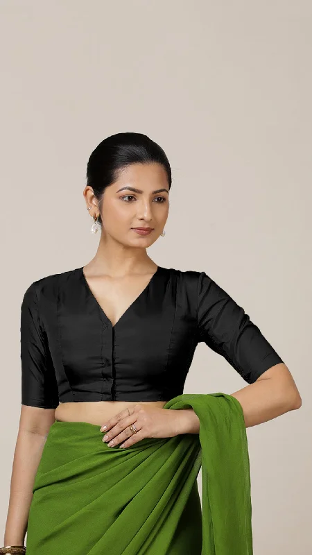 Begum x Rozaana | Elbow Sleeves Saree Blouse in Charcoal Black