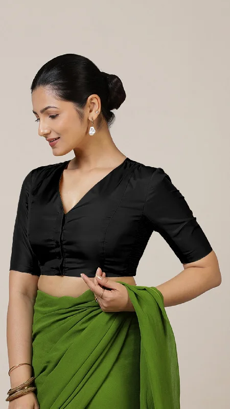 Begum x Rozaana | Elbow Sleeves Saree Blouse in Charcoal Black