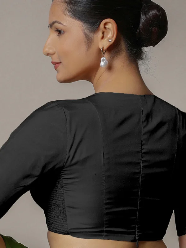 Zeenat x Rozaana | Charcoal Black Elbow Sleeves FlexiFit™ Saree Blouse with Plunging Neckline