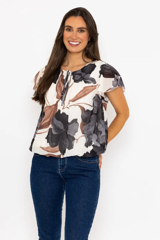 Short Sleeve Black Printed Blouse With Tie Neck