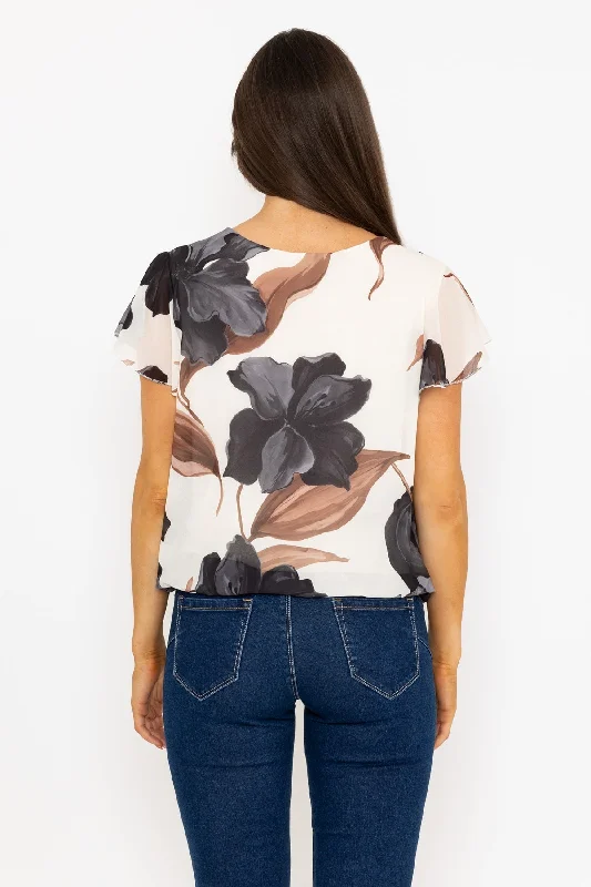 Short Sleeve Black Printed Blouse With Tie Neck