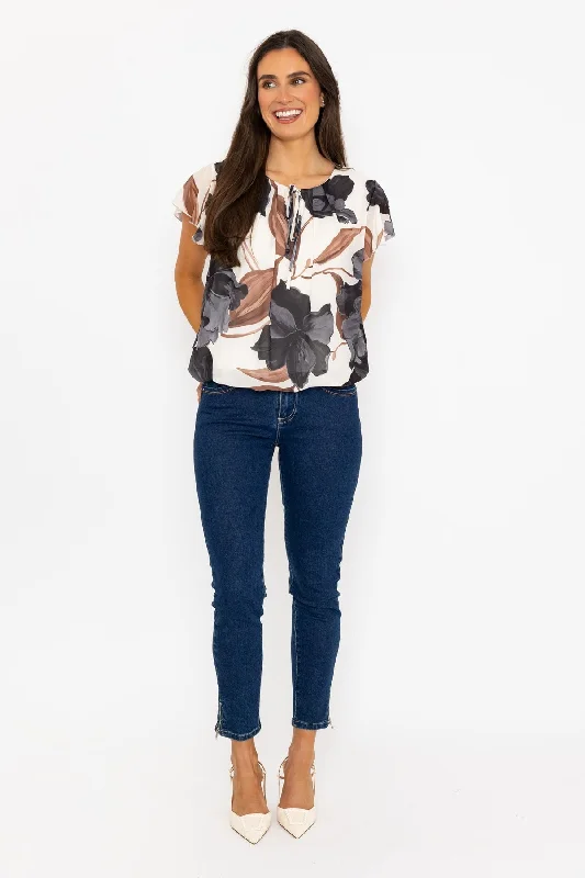 Short Sleeve Black Printed Blouse With Tie Neck